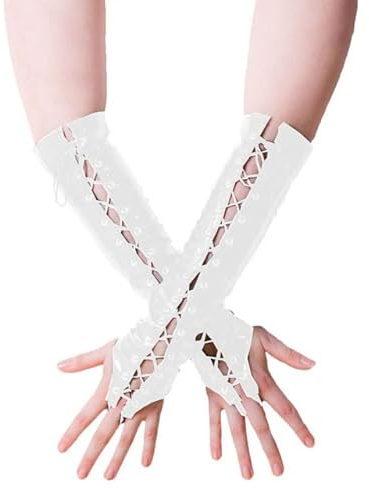 MINUSE Unisex Long Fingerless Gloves Gloves PVC Lace Up Shiny Wetlook Leather Gloves Women Pole Dance Elbow Length Gloves,White,XL