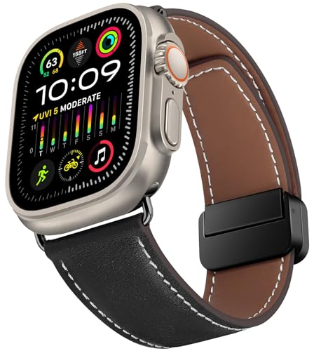 HITZEE Compatible con Cinturino Apple Watch 49/46/45/44/42mm, Cinturini di Ricambio in Vera Pelle con Chiusura Magnetico Compatible per Apple Watch Ultra 2 Serie 10 9 8 7 SE 6 5 4 3 2 1, Nero