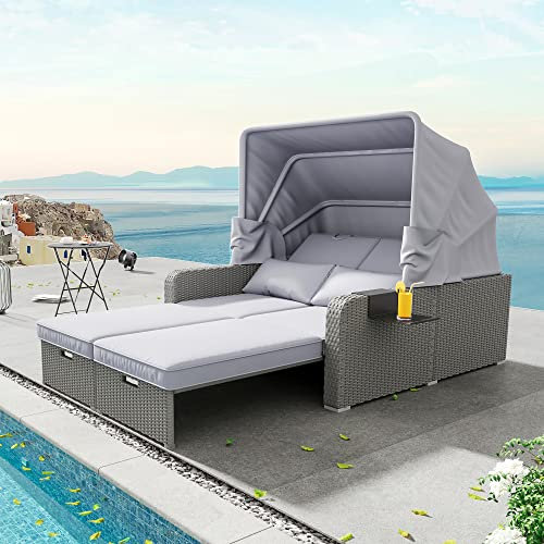 YESGIGA Polyrattan Gartenmöbel für 2 Personen, Gartensofa, Loungesofa, Abnehmbare Markise,Polyrattan und Schwamm (Grau)