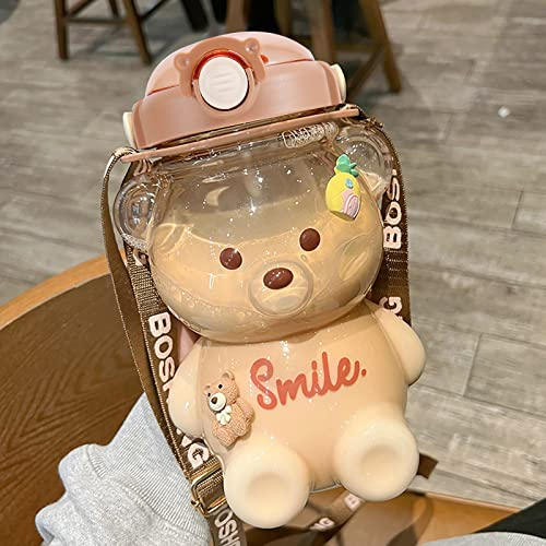 Kexpery Bear Plastic Cup Waterproof Sealing Ring Kettles Large-Capacity Straw Cup with Belt Water Bottle Mobile Phone Holder (1)