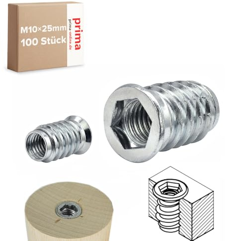 Einschraubmutter M10 x 25 mm – Einschraubmuffen/Eindrehmuffen aus verzinktem Stahl – Innengewinde für Holzbau & Möbelbau (100 Stück)