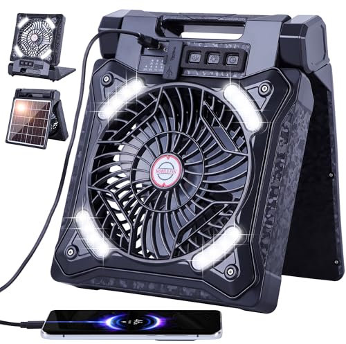 WESTTREE Solar Fan Battery Powered Rechargeable Solar Camping Fan with Led Lantern & Power Bank Foldable Angle USB Personal Fans for Travel Outdoor Camping Tents X98 Black