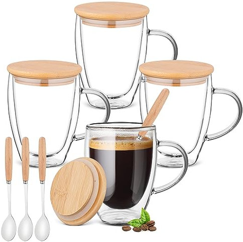 Aenmido Double Walled Glass Coffee Mugs,4 Pack Coffee Cups with Bamboo Lid/Spoon,12 OZ Borosilicate Glassware for Ice Coffee/Hot Beverages/Tea/Cappuccino/Latte