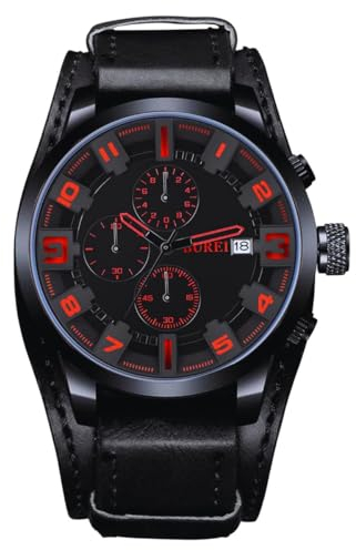BUREI Uhren Herren Sport Chronographen Armbanduhr Herren 30M Wasserdicht Quarz Herrenuhr für Manner mit Schwarze Lederarmband