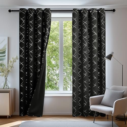 Deconovo Gardinen Blickdicht Ösen Vorhänge Muster Wohnzimmer Thermogardinen, 180x140 cm(HöhexBreite), Schwarz, 2er Set