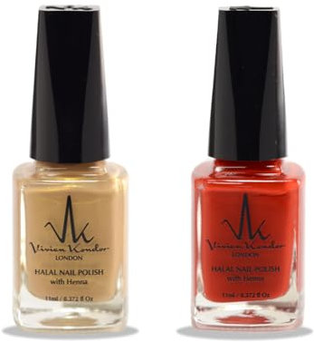 (2Pcs Set) Henna Infused Halal Nail Polish Water Permeable Nail Polish Vegan Long lasting Nail polish (Ruby Red, Golden Beige)