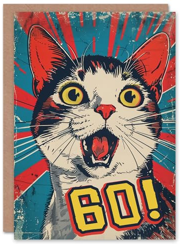Artery8 Surprise Retro Style Sixty 60 Year Old Cat Lover Blank For Him Or Her Art Birthday Card