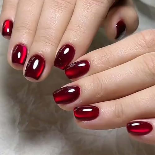 Red Square Cat Eye False Nails - 32PCS Short With Glue - Glossy Full Cover Long Lasting Stick on Nails - Removable DIY Nail Art Gifts for Women Girls