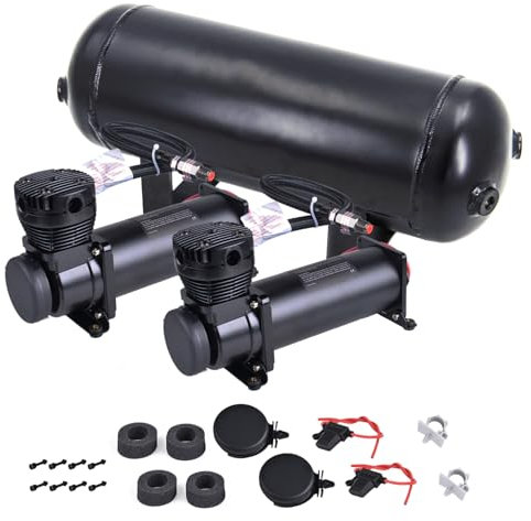 CNRAQR 3 Gallon Air Tank with 200PSI Air Compressor 2PCS for Suspension/Air Ride/Bag/Car Train Truck Horn Aluminum 12 Liter Compressed air Storage Tank Onboard System Air Suspension Compressor Kit
