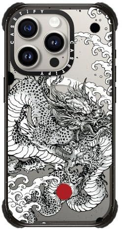 CASETiFY Ultra Impact iPhone 15 Pro Case [Strong Slim / 11.5ft 5X Militray Grade Drop Protection/Compatible with Magsafe] - Power Dragon - Clear Black