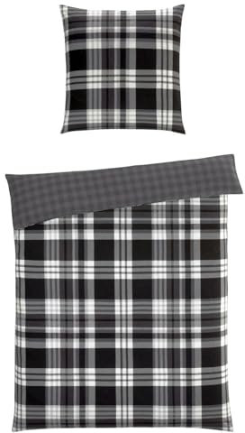 casa NOVA Flanell-Wende-Bettwäsche - 155 x 220 cm - Schwarz - Anthrazit - Weiß - Baumwolle - mit Reißverschluss
