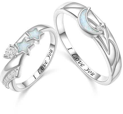 HOOHWE Couple Ringe S925 Sterling Silber Partnerringe Verlobung Promise 2In1 Ich liebe dich Sonne und Mond Stern Paar Ringe für Damen Männer Einstellbares Herz ringe