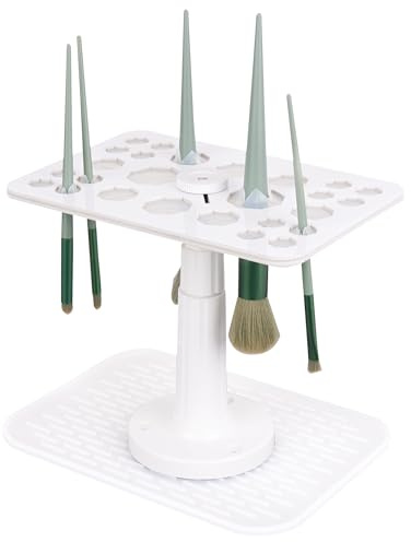 DODAMOUR Makeup Brushes Drying Rack with Silicone Mat, Adjustable Makeup Brush Holder, Display Dryer Stand, 26 Holes Acrylic Brush Organizer Stand (White)