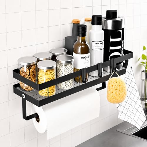 Trlyane Gewürzregal Wand ohne Bohren, Küchenrollenhalter Wand mit 4 Haken | Küchenregal Wand aus Kohlenstoffstahl, Wandregal für Küche und Bad, für Gewürze, Ölflaschen und Küchenutensilien