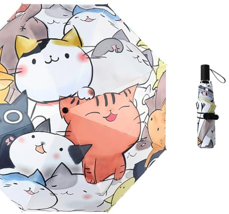 Maibar Kompakter Reiseschirme für Damen UPF 50 Katze Taschenschirme UV Schutz 3D Muster Klappschirme SPF 50 Regenschirm