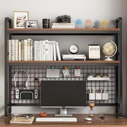 Tischregal 2 stufiges Regal für den Schreibtisch Organizer und Bücherregal Tischregal mit Gitterfach, Holz & Metall,Geeignet für Büro Arbeitszimmer Schlafsaal,115x98x20cm (schwarz)