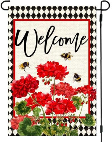 30,5 x 45,7 cm doppelseitige Geranien-Gartenflagge, Bienen-Blumen-Bauernhaus, Outdoor-Dekoration