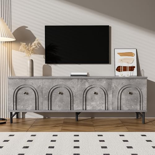 Meuble TV moderne à 4 portes, gris, 160 cm, design élégant, charnières à fermeture douce, parfait pour le salon et le divertissement