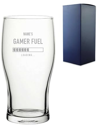 Personalised Engraved Pint Glass with Name's Gamer Fuel Design & Gift Box | Funny Beer Glasses for Him, Gamer Gift, Gaming Glass