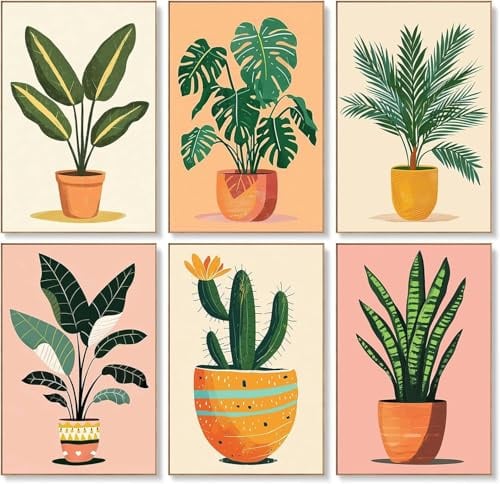 FURONGHUAK 6 Piezas Pintar por Numeros Adultos, DIY Pintura por Números, Kit de Pintura al óleo de Lienzo DIY para con Pinceles, Pigmento Acrílico sin marco 20 x 30cm,Plantas en maceta