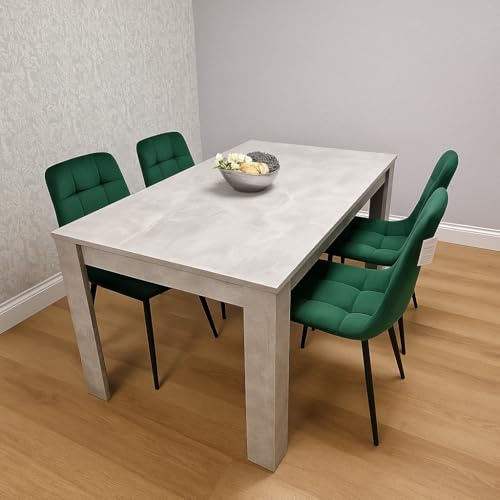 KOSY KOALA Stone Grey Effect Dining Set Table, 4 Green Velvet Chairs
