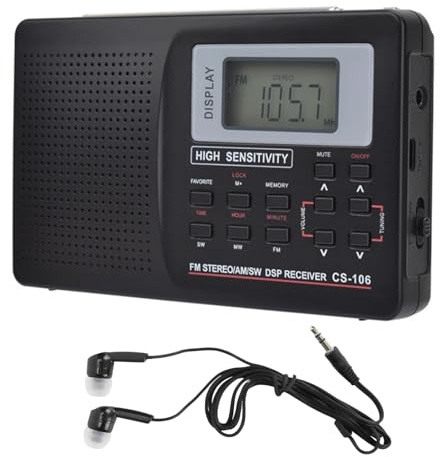 Ouitble Radio Digital Portátil Radio de Bolsillo FM/Am/SW/MW con Pantalla LCD, Reloj Despertador, Multibanda a Pilas con Auriculares con Altavoz para Viajes Familiares Al Aire