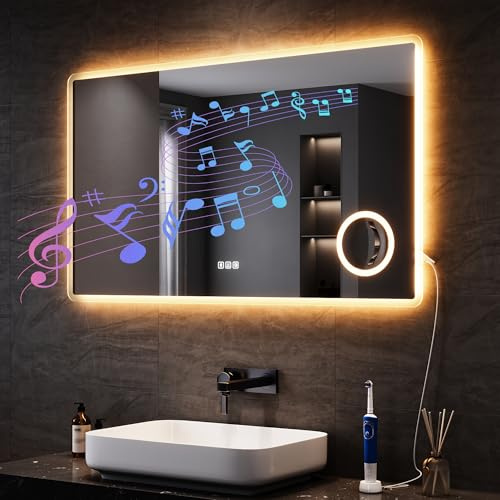 SONNI LED Badspiegel mit Bluetooth 100x60 cm, Badezimmerspiegel mit Beleuchtung und Touch, Steckdose, 3 Lichtfarben, Anti-Beschlag & Gedächtnisfunktion,3-Fach Vergrößerung