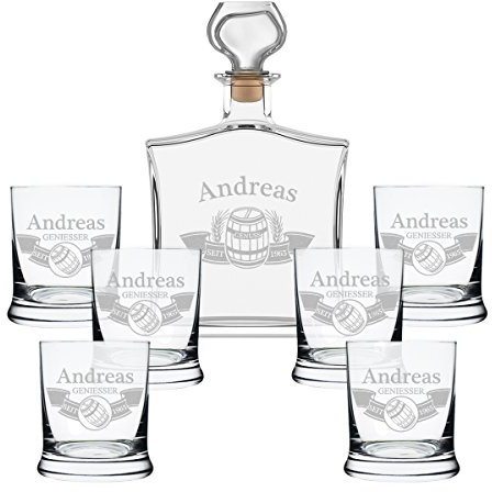 polar-effekt Set de regalo de 7 piezas con botella de whisky y 6 vasos de whisky Leonardo – Elegante jarra de cristal contenido: 700 ml – Personalizado con grabado – Diseño de barril en la pancarta