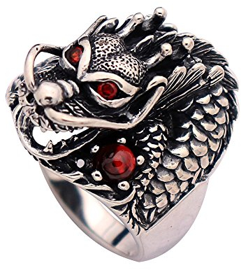 Bague Tête de Dragon Chinois Vintage en Argent Sterling 925 avec Pierres de Grenat Rouge for Hommes Femmes Taille 58