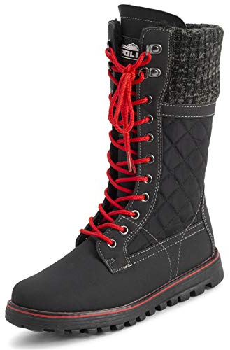 Polar Damen Kunstpelz Warm Thermal Wasserdicht Draussen Gehen Schnee Winter Gummisohle Wadenstiefel - Schwarz/Rot - UK8/EU41 - YC0606
