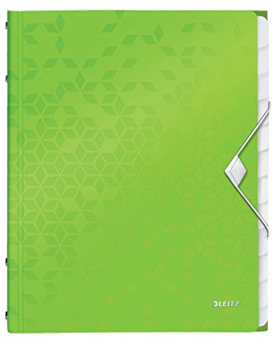 Leitz A4 Ordnungsmappe für bis zu 200 Blatt, 12 Fächer mit Taben zur Ordnung des Inhalts, Gummibandverschluss, Grün, WOW, 46340054