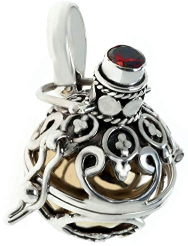 Windalf Schmuck Anhänger SILIA 3.8 cm Klangkugel mit Granat Engelsrufer Handarbeit 925 Sterlingsilber