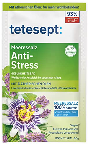 tetesept Meeressalz Anti-Stress Bad – Gesundheitsbad für wohltuenden Ausgleich mit ätherischen Ölen – Wohltuender Badezusatz mit natürlichem Meeressalz – 1 x 80 g