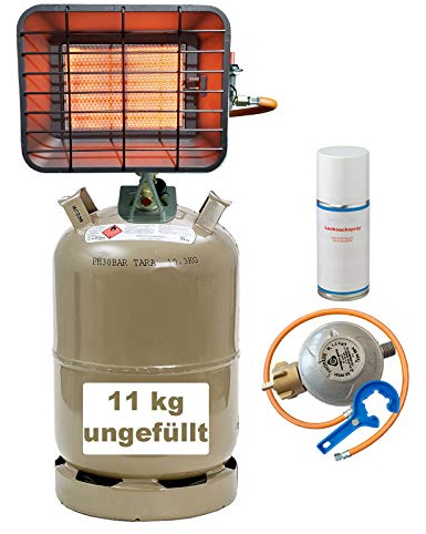 IOE Gas-Heiz-Strahler aus Alu-Druckguss mit Piezo, Zündsicherung, Gasflasche 11kg, Gasregler 50mbar, Gasschlauch, Lecksuchspray Gasregler-Löser