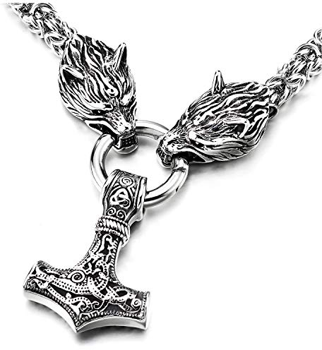 COOLSTEELANDBEYOND Byzantinische Kette Halskette Vintage Wolfskopf Ring Thors Hammer Irisch Keltischer Knoten, Edelstahl Hip Hop Collier