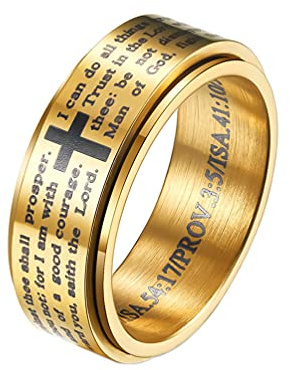 HIJONES Herren Edelstahl BibelVers Lords Prayer Kreuz Gott Ring 3 Farben drehbar Schwarz/Gold/Silber