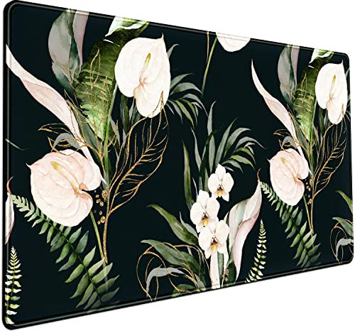 Desk Mat Black and Gold White Rose Flowers Decor Large Keyboard Mouse Pad for Laptop Pc Setup Desk Cover Protector Desk DéCor for Office Home Work Gaming 31.5 X 15.7 Stitched Edge Non-Slip Design