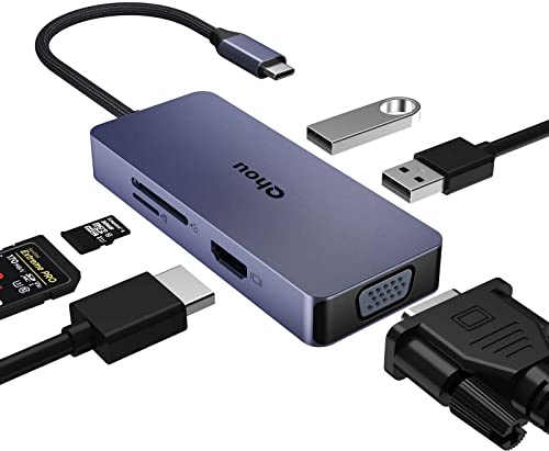 USB C Hub, Qhou 6 in 1 USB C Adapter USB C auf HDMI VGA Dual Display mit 4k HDMI, VGA, USB A, USB 2.0, SD/TF Reader Multi-Port USB C Docking Station für MacBook/Lenovo und Andere C-Style Geräte