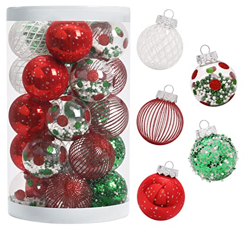 JIALEIXI 25 Stück Weihnachtskugel-Ornament für Weihnachtsbaum, bruchsicher, transparenter Kunststoff, hängende Weihnachtskugeln, Kugeln für Urlaubsparty-Dekorationen (rot, weiß, grün)