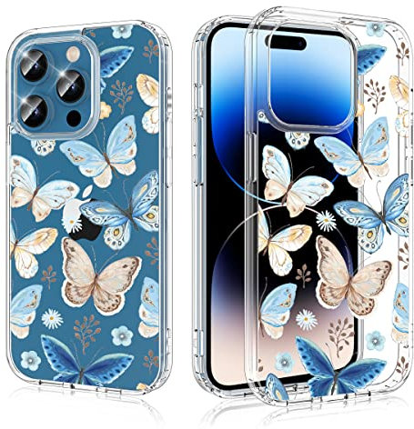 Ruayia Case for iPhone 14 Pro Clear with Design Floral Pattern, Flower iPhone 14 Pro Case for Women Girls Hard Back Slim Shockproof Protective Phone Case Cover for iPhone 14 Pro - 6.1 - Butterfly