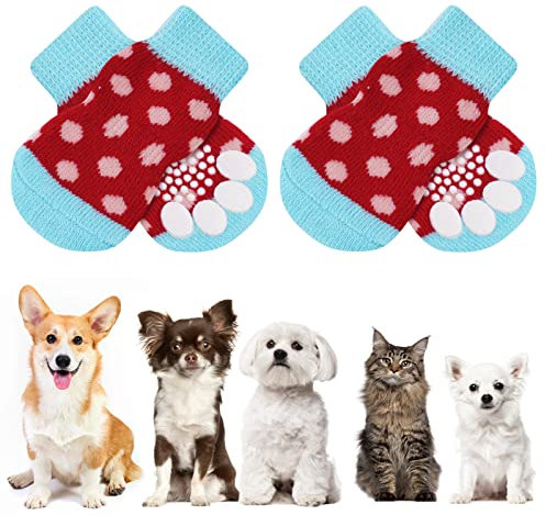 AUAUY Indoor Anti-Rutsch Socken für Hunde und Katzen, Pet Socken, Hundesocken Anti Rutsch Pfotenschutz und Traktion Dank Silikon-Gel 2 Größen für Kleine-Mittlere Tiere(Rot und Grün M)