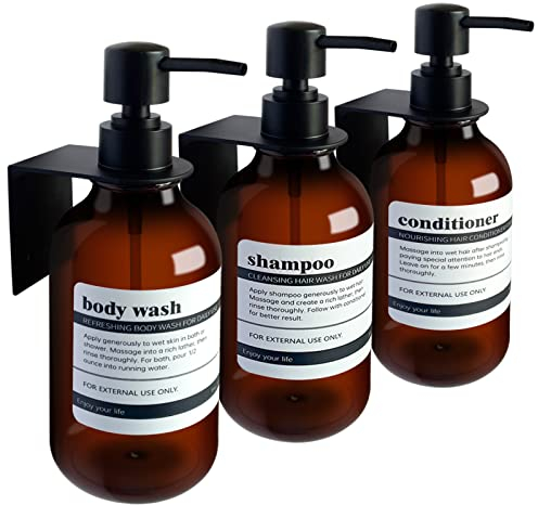 HCYWOC 3 Pezzi Dispenser Sapone Bagno a Muro, 500ml Dispenser Sapone Senza Foratura, Con 16 Etichette Impermeabili, Per Bagno Cucina Shampoo Balsamo Bagnoschiuma - Ambra
