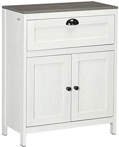 kleankin Bathroom Floor Cabinet, Freestanding Storage Cupboard with Drawer, Double Door Cabinet and Adjustable Shelf, White