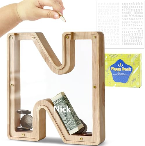 DBPBToU Spardose Kinder Holz Buchstaben Spardose (N) | Personalisiert Sparschwein Kinder，Durchsichtiges, Geburtstag Geschenk/Heimdekoration/Keepsake