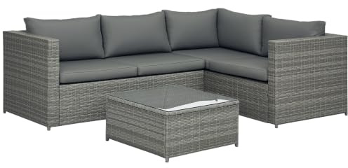 Outsunny 3 Pieces PE Rattan Garden Furniture Set with 10cm Thick Cushions, 4 Seater Outdoor Patio Corner Sofa Set with Glass Top Coffee Table, Grey