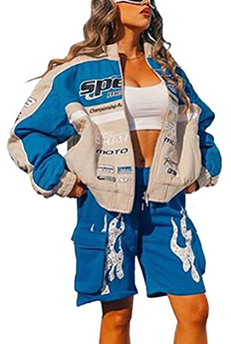ticticlily Y2K Loose Pullover Kleidung Frauen Männer Full Zip Hoodie Langarm Hoodie Oversized Sweatshirt Gothic ÜBergroße Jacken Harajuku Streetwear Kleidung F Blau L