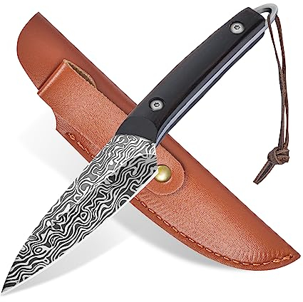 AuRiver Coltello da esterno piccolo,coltello da campeggio a lama fissa,piccolo coltello da caccia con lama in acciaio Damasco,coltello da cintura per il campeggio,l'escursionismo (WangZhe)
