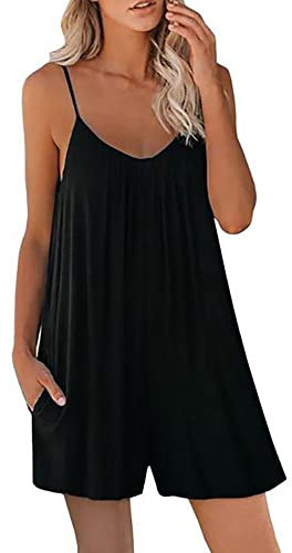 FDEETY Mono Peto Suelto Mujer Jumpsuit de Eslinga Verano Moda Petos de Pantalones Short Bolsillo Monos Pantalón Rompers (Negro/L)
