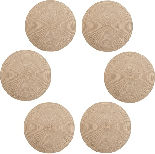 Platzsets Geflochtene Tischsets 6er-Set 38cm Beige, waschbar rutschfest runde Platzsets für Küche Esstisch europäischer Stil runde Innenbereiche handgewebte Stoff-Tischmatten von
