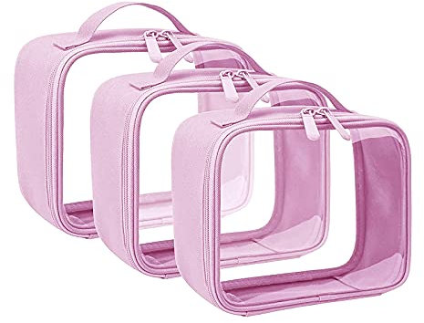 ANRUI Lot de 3 Trousse de Toilette Transparente, Sac de Cosmétiques Trousse Transparente Voyage pour Femme Homme, TSA Sac de Toilette Avion pour Le Transport de Liquides, Rose